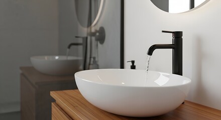 Modern bathroom featuring a vessel sink with a black faucet and running water on wooden counter