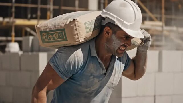 Construction worker carries heavy material on shoulder at outdoor site
