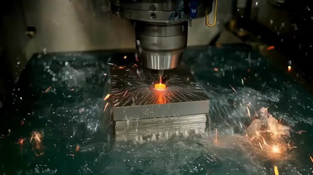 Threedimensional chemical etching process in progress showing layers of metal being sculpted with precision for complex industrial designs.