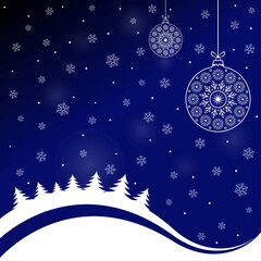 Blue chrismas card design with winter landscape, pine forest, baubles illustration. Winter holidays concept card design to use for merry christmas greetings, winter advertising, happy new year card.