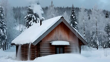 Snowy Cabin in Winter Wonderland a Serene Wood Log House with Smoke Rising from Chimney in Cold Season in Cinematic Nature Landscape Footage