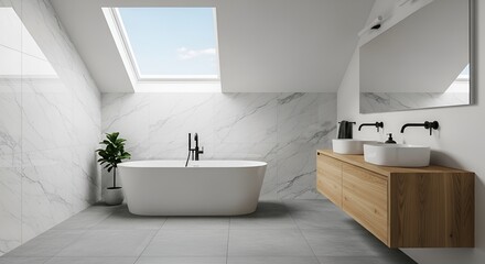 Bright and serene bathroom boasts a freestanding tub and double vanity with marble tile walls.