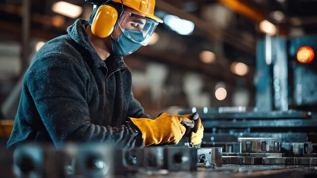 Worker wearing full PPE including gloves and goggles while operating a metal stamping machine in an industrial setting
