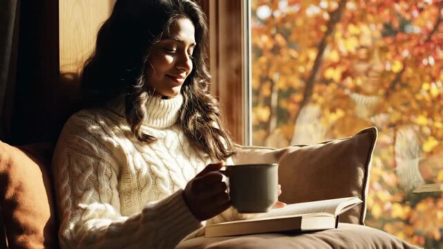 Cozy autumn relaxation with warm beverage and book by window