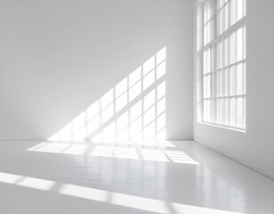 Fototapeta premium Minimalist white room with large window casting strong geometric sunlight shadows on walls and reflective floor. Clean, bright, empty space for design.