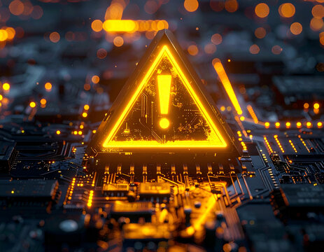 A vibrant yellow warning triangle with an exclamation mark illuminates a dark, intricate circuit board, representing digital threats, system errors, and critical alerts. - Powered by Adobe