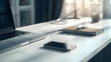 Laptop and notebook on a white desk top