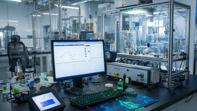 Medium shot showing realtime advanced material composition sensor detecting variations and transmitting data in an industrial lab setting.