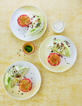 Fresh Wedge Salads with Crumbled Bacon and Baked Tomatoes