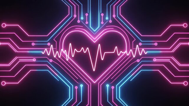  vibrant digital circuit pattern pulsing with soft neon light, consisting of glowing lines and nodes in shades of pink and blue.