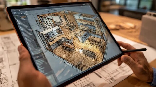 User engaging with 3D modeling software on a tablet visualizing home interior customization with detailed textures and lighting effects in a modern workspace.