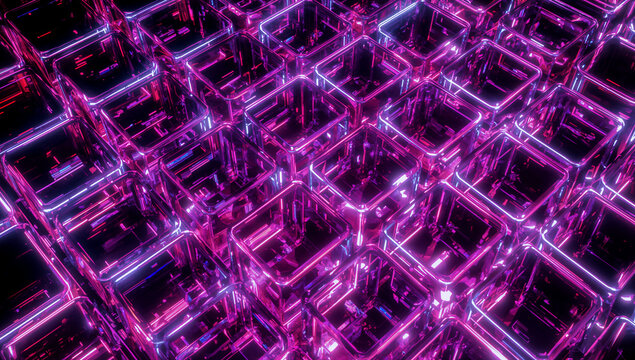 Glowing neon cubes form a futuristic geometric pattern
