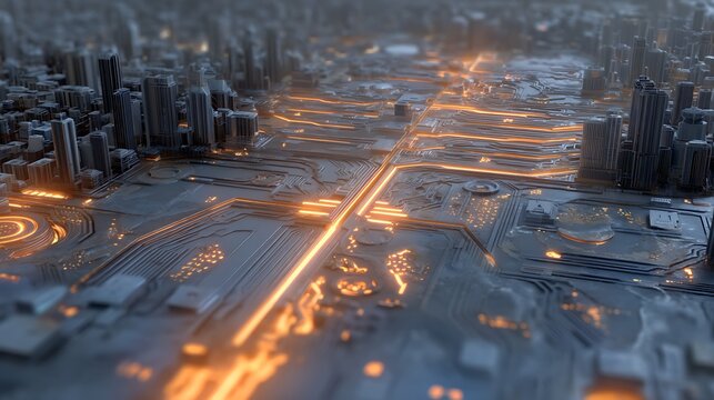 Aerial view of a futuristic cityscape with glowing circuit patterns and skyscrapers at dusk