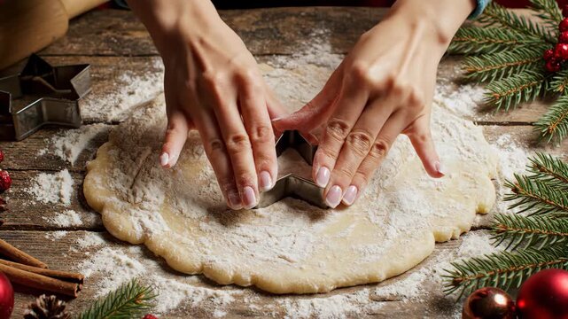 Woman's hands create star-shaped cookies from dough for winter holiday baking fun and festive family memories this season christmas cooking overhead