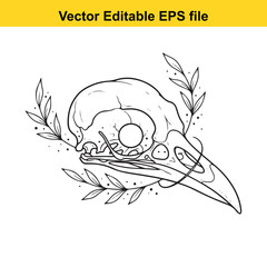 Naklejka premium Black and white line art illustration of a bird skull with stylized leaves and branches, isolated on white background