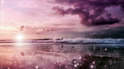 A silhouette of a surfer riding a wave during a beautiful sunset. The sky is filled with colorful clouds and the water reflects the light.