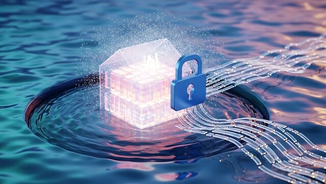 Secure Smart Home Concept with Padlock and Data Streams.