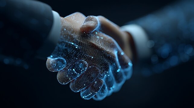 Two business professionals shaking hands in a digital environment, symbolizing partnership and technology