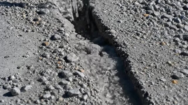 Close-up of a cracked and rocky gray surface with a deep fissure, natural lighting accentuating texture.