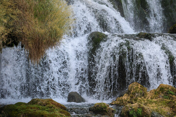 A serene natural waterfall flowing over moss-covered rocks, capturing the beauty of fresh water and untouched nature.