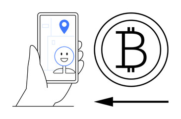 Cryptocurrency concept. Bitcoin symbol alongside mobile app interface highlights digital transactions. Cryptocurrency showcases blockchain technology and online security. For fintech, online