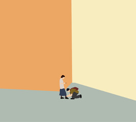 Man tie shoelaces for woman on city street helping girlfriend with love,. Couple lifestyle moment