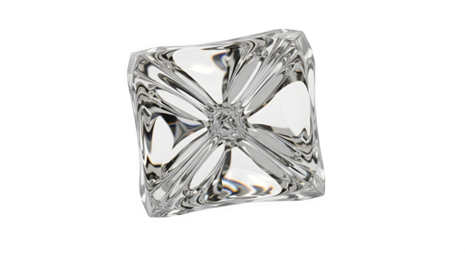 Rectangular clear ice cube with floral pattern isolated on transparent background
