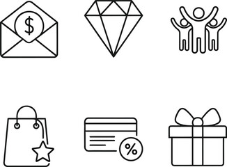 Business finance shopping success icons set. money, value, discounts, gifts, loyalty, rewards