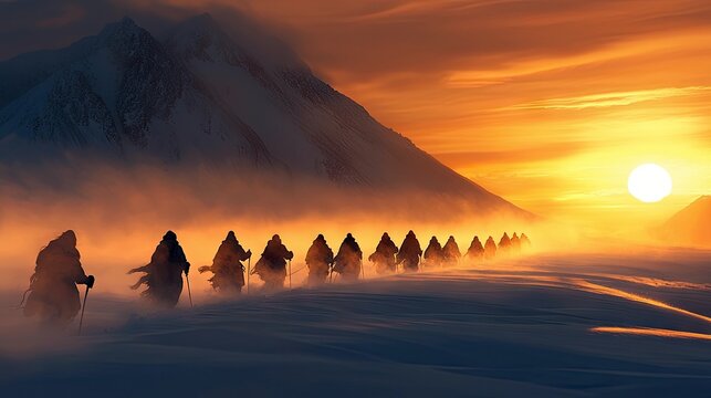 A group of people hiking through a snowy landscape towards a mountain range at sunset. The sky is filled with warm orange and yellow hues.