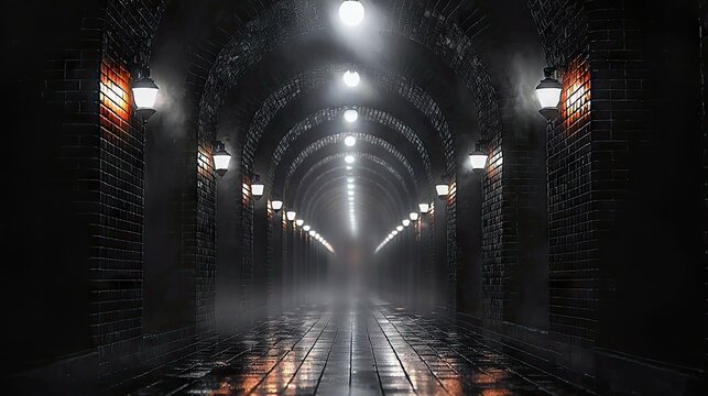 A long, dark tunnel with brick walls, illuminated by lights and filled with fog, creating a mysterious atmosphere. - Powered by Adobe