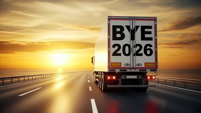 Truck drives towards a vibrant sunset, leaving 2026 behind on a scenic highway journey.