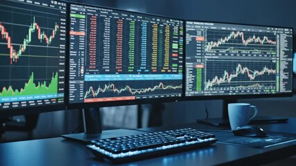 Real-time market analysis trading floor digital screens modern office wide angle financial insights