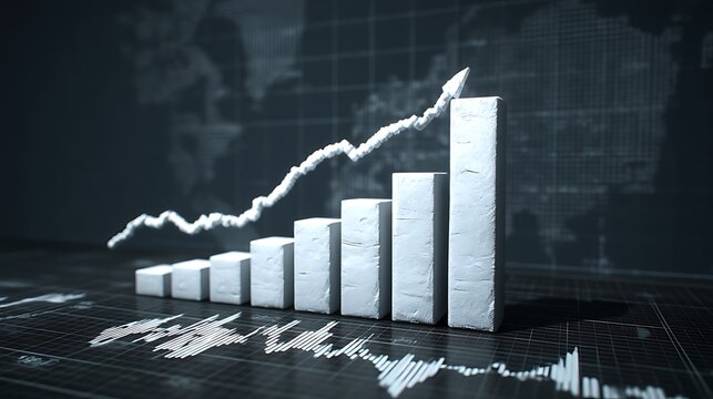 Abstract representation of a rising graph on a digital interface with a world map backdrop, symbolizing growth