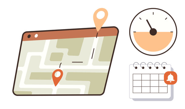 Map with location pins, analog speedometer, and calendar with reminder. Ideal for navigation, travel, planning, scheduling, efficiency time management organization. A modern and simple flat