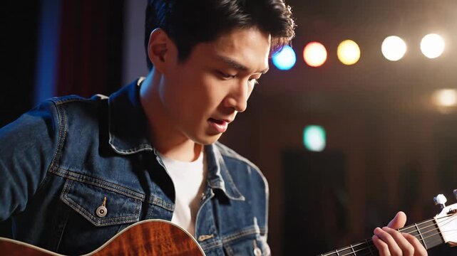 Man preparing guitar pick for musical performance with stage lights background