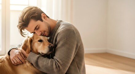 Young man affectionately hugging his golden retriever dog in a bright, cozy home for emotional support and pet therapy concept, illustrating companionship and well-being