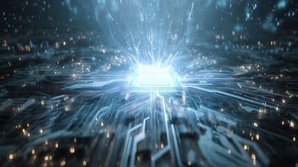 A glowing microchip at the center of a digital circuit board, illuminated by blue energy in a futuristic setting