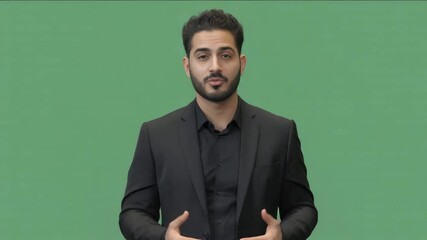 Confident businessman presenting product or service in dynamic explainer video background