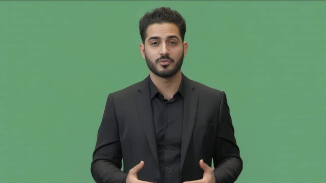 Confident businessman presenting product or service in dynamic explainer video background