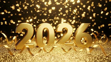 Golden 2026 numerals sparkle amidst falling confetti and ribbons, celebrating new beginnings and festive occasions with dynamic elegance.