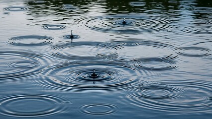 Gentle raindrops create beautiful concentric ripples on the surface of a calm water body