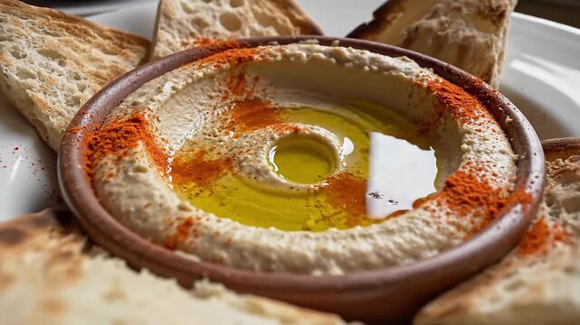 Creamy chickpea dip with olive oil and paprika served with toasted bread slices