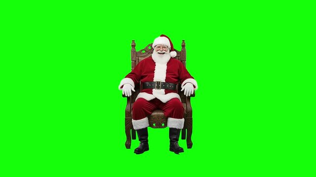 3D Santa Claus Laughing and Holding His Belly While Sitting on a Chair with front view&ndash; Green Screen Chroma Key Christmas Character Animation