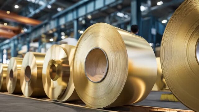 Medium shot of brass sheets undergoing cold rolling highlighting improved hardness and uniform thickness in an industrial setting