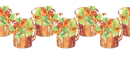Watercolor seamless border with yellow and orange bouquet flower nasturtium in teapot and bumblebee on white background. Hand-drawn summer or autumn rim. Wedding celebration wrapping wallpaper