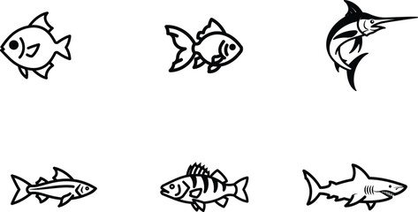 Variety of fish species in simple line art illustrations displaying different marine animals and representing the oceans diversity and beauty suitable for educational materials or graphic designs