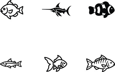 Vector Illustration Featuring Different Types of Fish Depicted in Simple Outlines for Design Elements and Aquatic Themed Projects and Artistic Purposes and Commercial applications