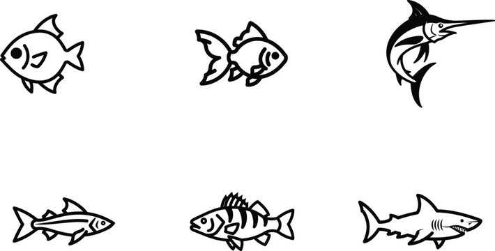 Variety of fish species in simple line art illustrations displaying different marine animals and representing the oceans diversity and beauty suitable for educational materials or graphic designs