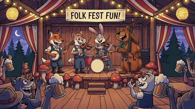 Cartoon animals playing music at a folk festival.