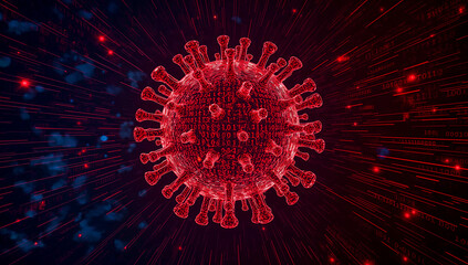 Glowing digital virus with red binary spikes on blue background